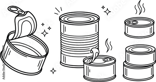 Quadro su tela Tin can and canned food line vector icon set featuring opened metal cans pull tabs stacked sardines tuna