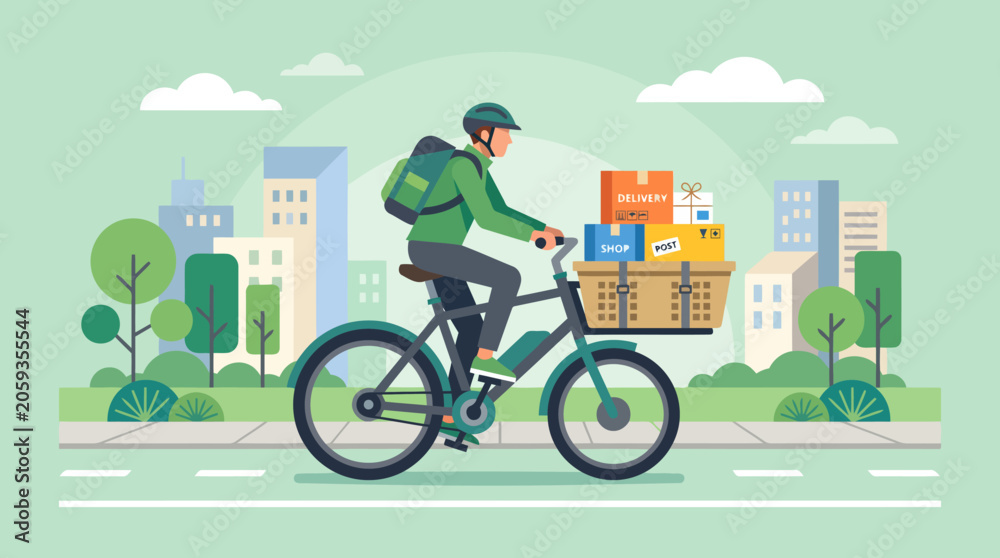 Naklejka premium Delivery man riding bicycle with packages in city.