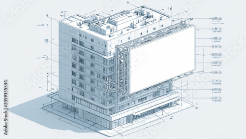 Modern building blueprint with detailed architectural design and structural elements in technical drawing style