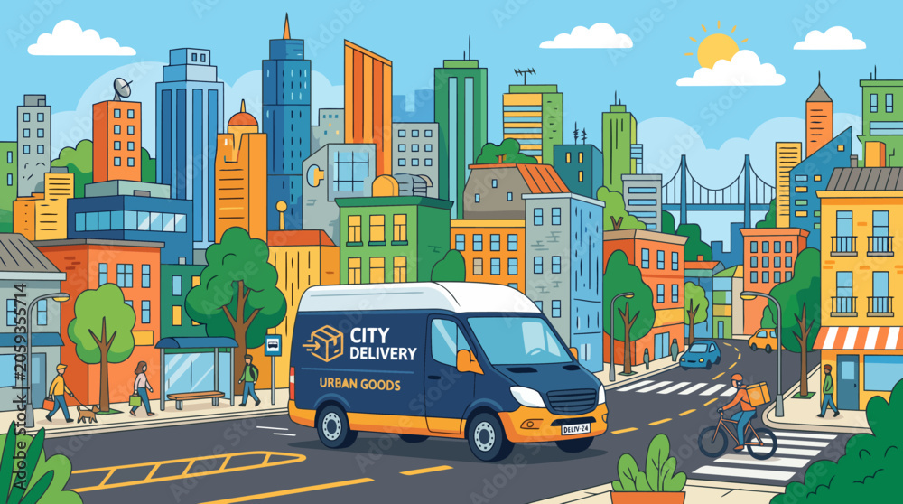 Obraz premium City delivery van driving through urban streets with skyscrapers.