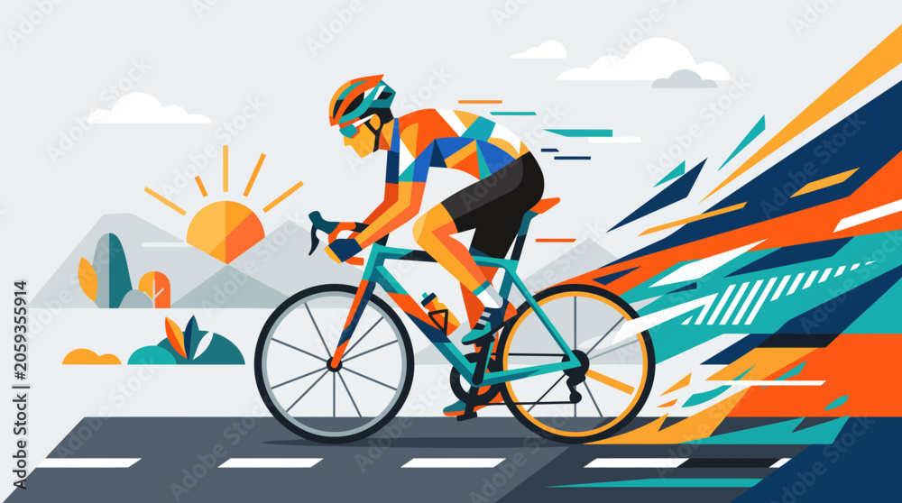 Fototapeta premium Cyclist riding a bicycle on a road with abstract colorful background.