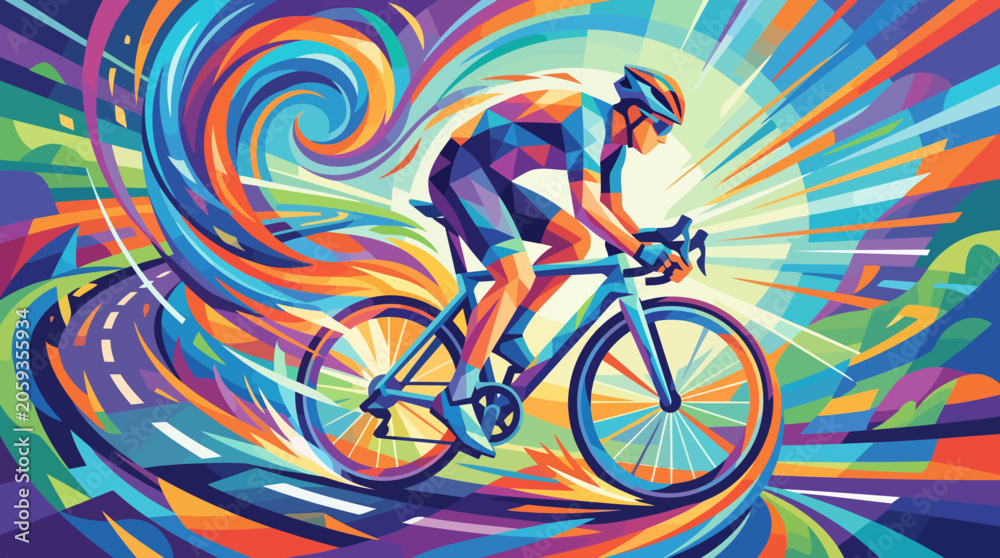 Fototapeta premium Cyclist riding a bicycle with colorful abstract background.