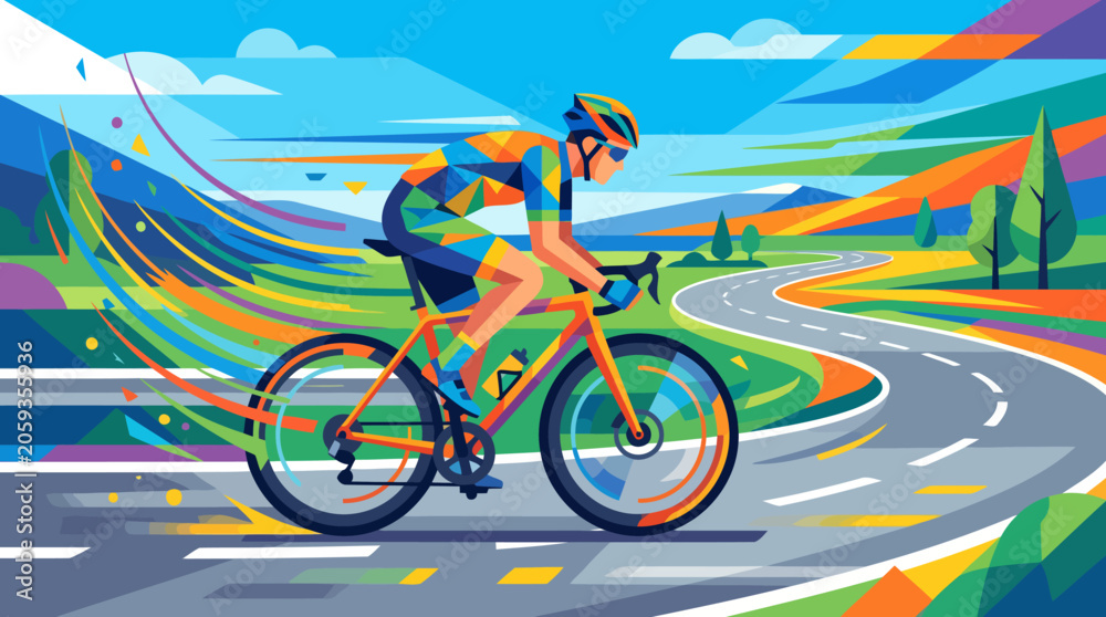 Fototapeta premium Cyclist riding a bicycle on a winding road with colorful abstract motion trails.