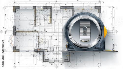 construction blueprint with laser level tool on detailed house plan view