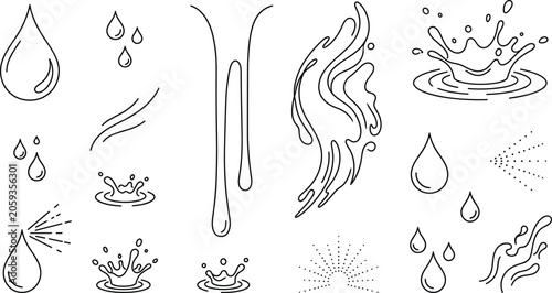 Bild auf Leinwand Water drop line art vector set with splash ripple rain droplet spray liquid flow