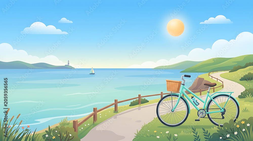 Fototapeta premium Bicycle On Scenic Coastal Trail With Bay And Lighthouse View