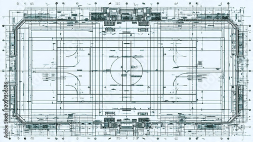 Detailed blueprint of an indoor basketball court with detailed lines and measurements for construction and design