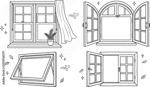 Fotografie Window vector illustration set line art drawing with open arch frame casement aw
