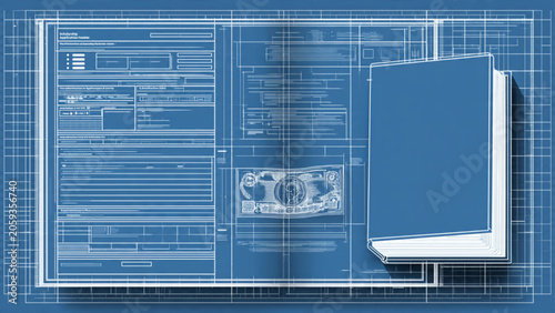 digital blueprint of financial documents and a notebook on technical background and digital design elements