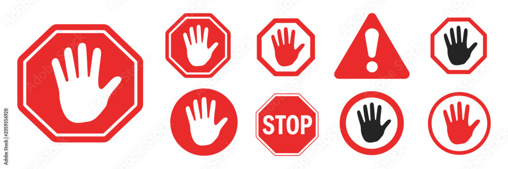 Fototapeta premium Alert warning stop sign icon set, road traffic safety symbols, prohibition hand gestures, danger notification vector illustration set.