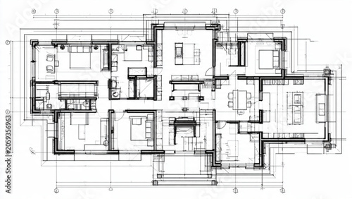 Detailed architectural blueprint of a modern house with multiple rooms and functional spaces in technical drawing style
