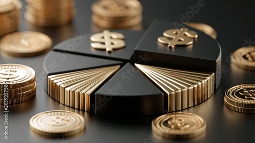 A black pie chart with gold dollar sign segments surrounded by stacks of gold coins, symbolizing financial distribution and investment.
