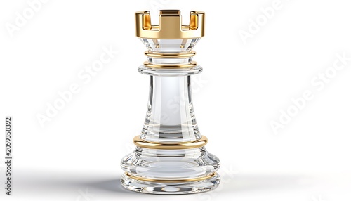 A shiny glass chess piece with gold accents stands alone on a plain surface indoors.