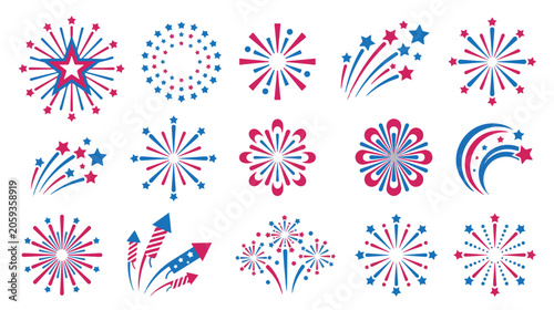 Patriotic Fireworks Burst Elements Flat Vector Illustration Set