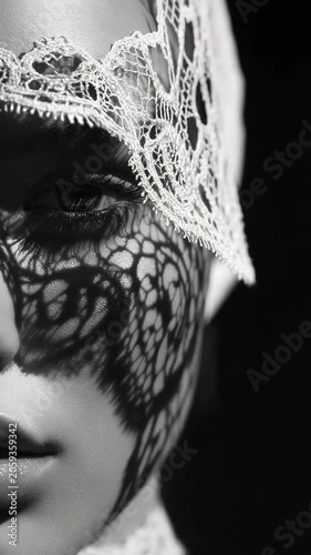 In a dramatic black and white setting, a model poses elegantly with lace shadows. Light plays across her features, highlighting her serene expression and soft contours.