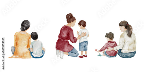 Fotografie Watercolor illustration featuring a faceless mother and young son in various heartwarming poses with an aesthetic semi realistic style