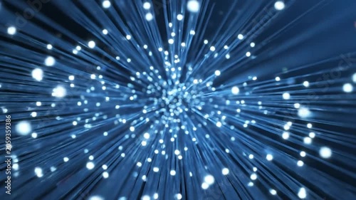 Glowing optical fiber cables transmitting data through dark blue cinematic technology macro
