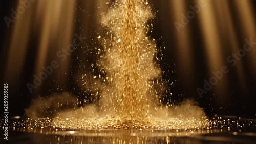 Golden Dust Falling Through Dark Light Beams in Elegant Luxury Abstract Background