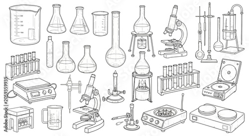 Scientific lab equipment line art featuring microscopes beakers flasks and test tubes for chemical research and education