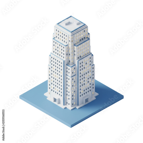 Minimalist 3d office tower with a stepped geometric design, matte white facade with blue accents and warm glowing windows on a square platform, architectural concept