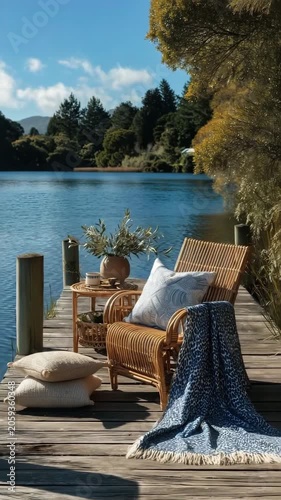 A welcoming spot by the lake features a wicker chair and table adorned with decor. Surrounding trees add beauty to the tranquil water scene on a sunny day.