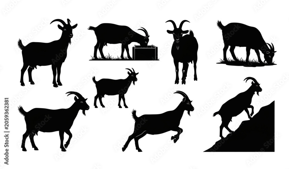 Obraz premium Livestock Goat Silhouette Collection Vector Illustration