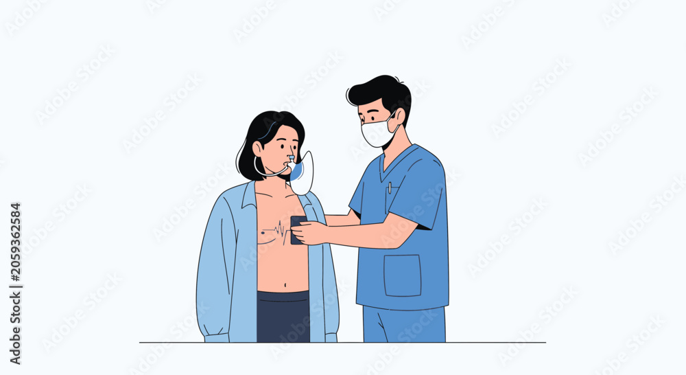 Fototapeta premium Doctor performs ECG on patient, vector illustration of medical examination and healthcare
