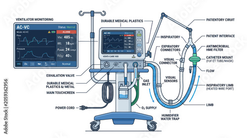 Mechanical ventilator machine with labeled parts and sensor display