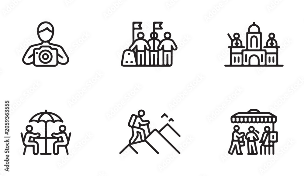 Fototapeta premium Travel tourism icons people photographer group building hiking cafe market.