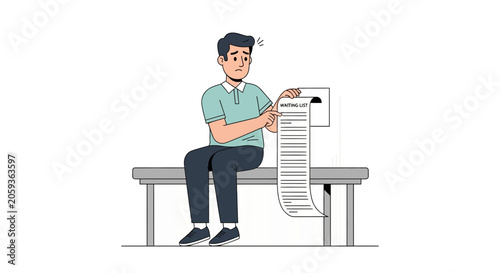 Man Frustrated by Long Waiting List, Vector Illustration