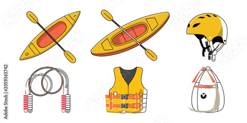Obraz na plátne Kayaking and rafting vector icon set with paddle helmet and life jacket equipmen