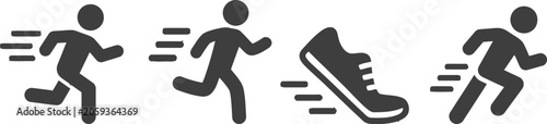 Running and Sprinting Icons Set with Speed Lines, Jogging People and Sport Shoe Vector Graphic