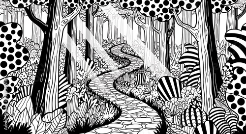 Whimsical black and white illustration of a forest path with stylized trees and foliage