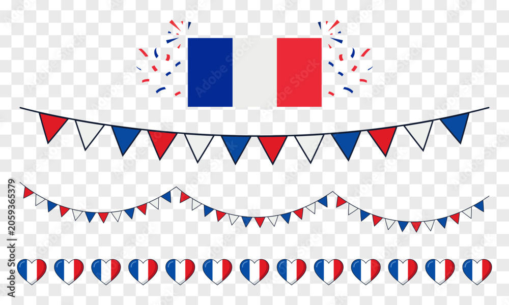Obraz premium Collection of French national symbols including a flag bunting and heart shapes isolated on transparent background