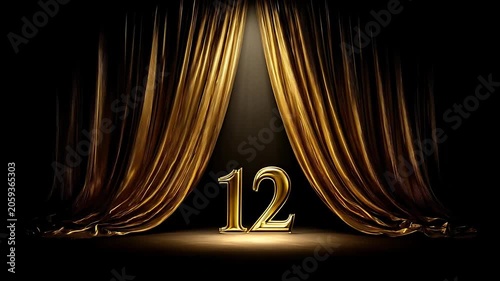 Golden curtains reveal number twelve.