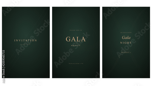 Luxury gala invitation card set with elegant gold text on dark green background for formal events