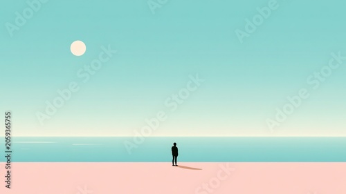 Solitude by the Sea with Lone Figure Under Minimal Pastel Sky