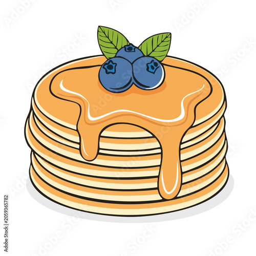 Cartoon Stack of Pancakes with Syrup and Blueberries