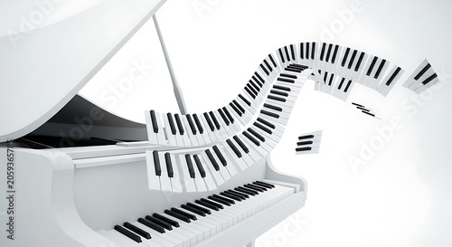 White grand piano with keys flowing in a wave-like pattern, contrasting black and white