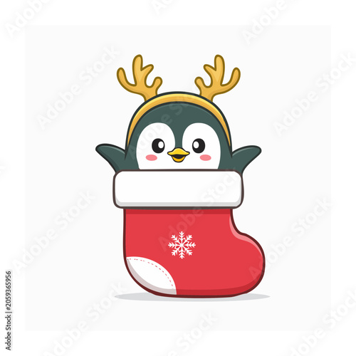 Cute cartoon penguin in Christmas stocking with antlers