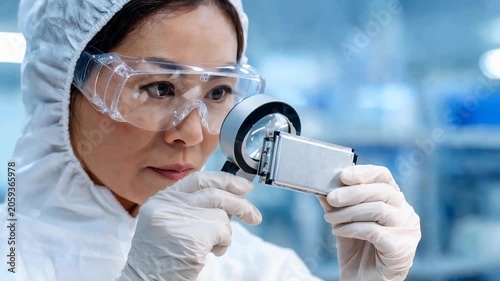 The stock footage features three close-up shots. Woman wears a white lab coat and safety goggles. She holds a magnifying glass close to her eyes. Her expression shows deep concentration