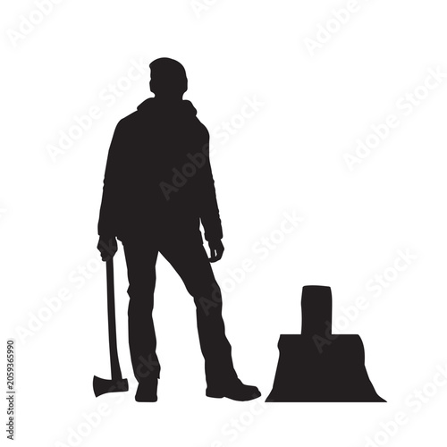 Silhouette of a man holding an axe beside a log on a chopping block.