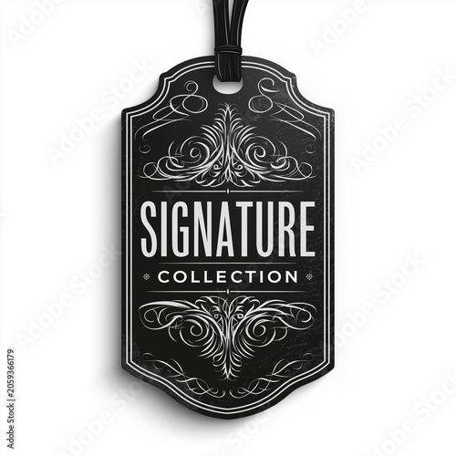 Sophisticated Black Vintage Style Label for Signature Collection Featuring Decorative Ornate Filigree Details for Luxury Product Packaging