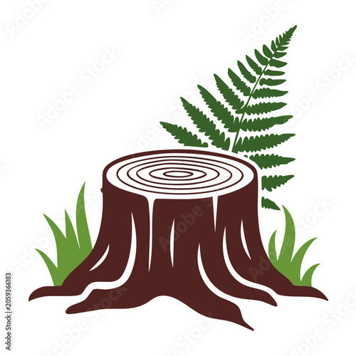 Flat design illustration of tree stump with fern and grass