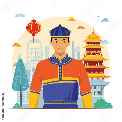 Man in Traditional Clothing with Pagoda and City Background