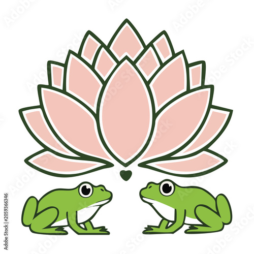 Pink lotus flower with two green frogs illustration