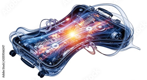 X-ray-like depiction of an open suitcase with glowing internal mechanics against white