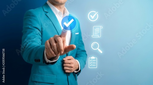 Touchscreen Approval Icon With Digital Compliance And Audit Symbols