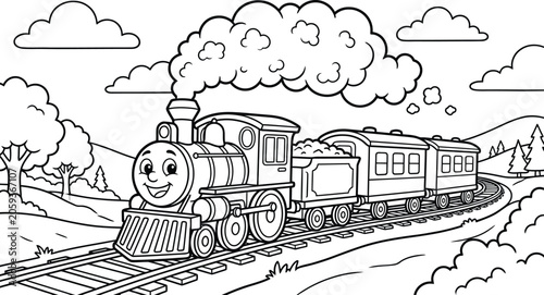 Foto Train coloring page for kids detailed steam engine illustration for creative act