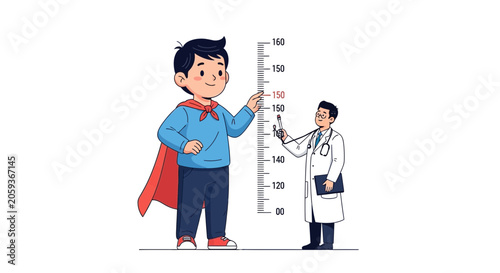 Superhero boy getting measured by doctor, growth chart, pediatrics, healthcare concept